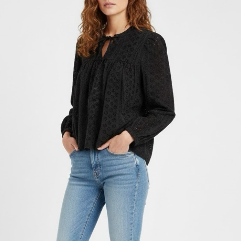 Madewell Black Floral Eyelet Double Tie Peasant Top XS